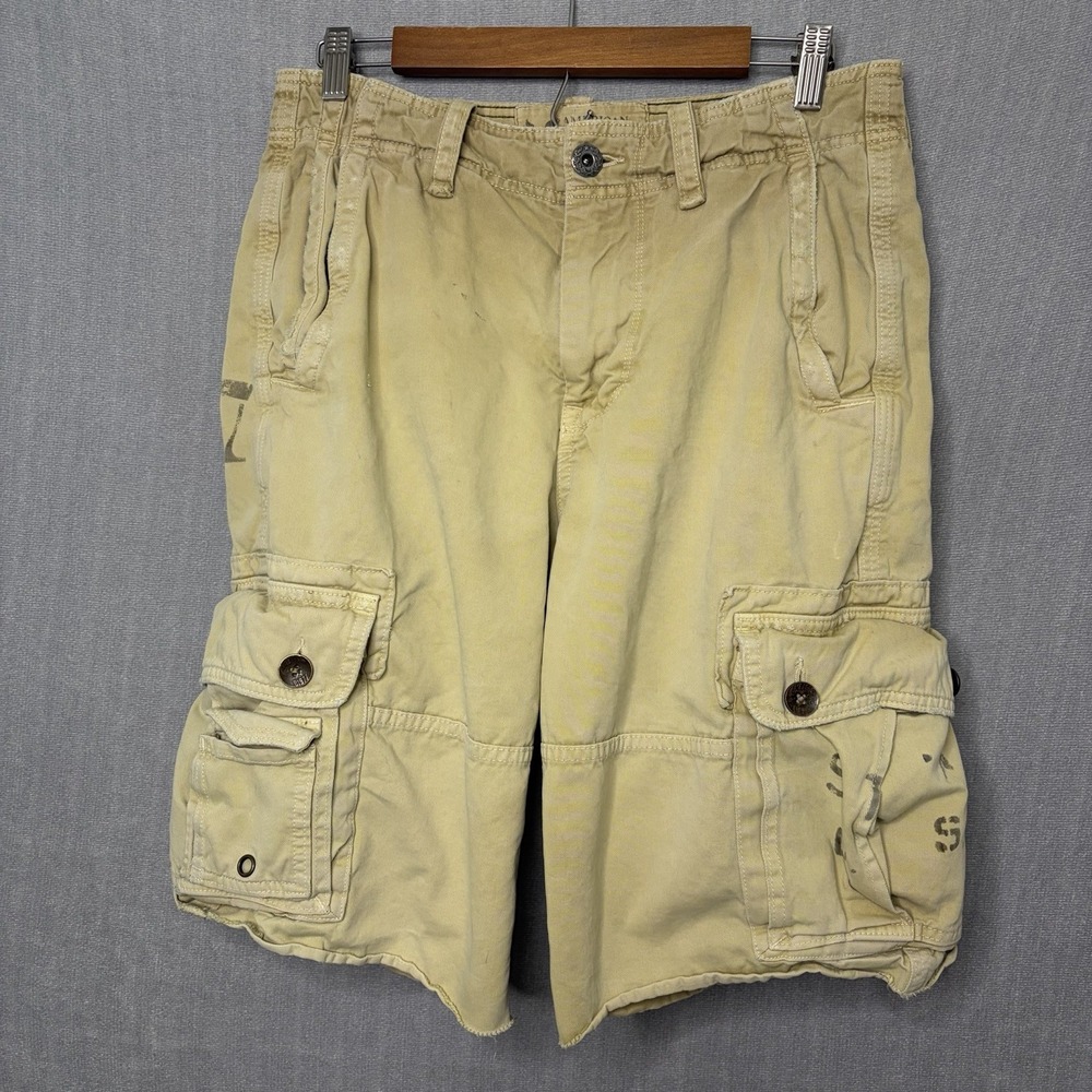 Y2K American Eagle Cargo Shorts Mens 30 Beige Military Longer Length Frayed Vtg